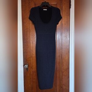 Marine Layer Lexi Rib Midi Dress in Black/ Blue Stripes